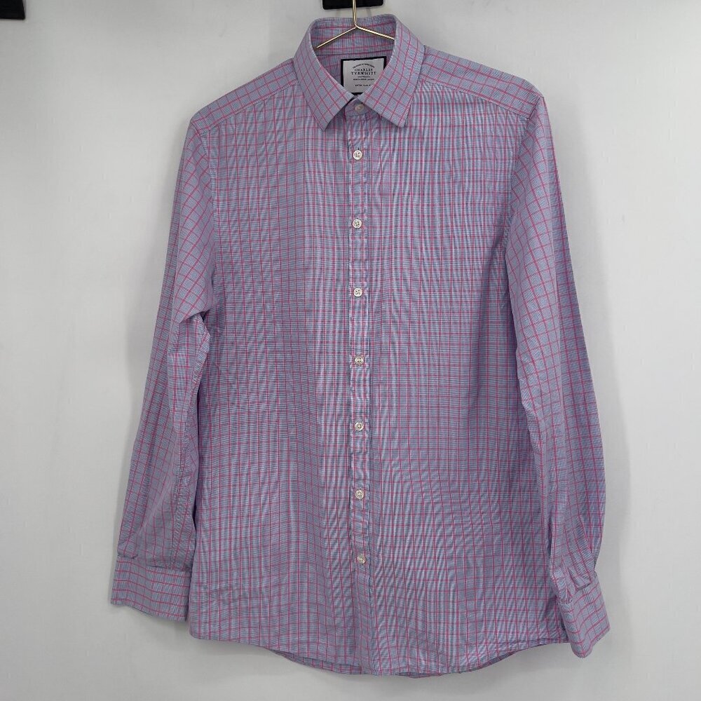 Charles Tyrwhitt Men's Extra Slim Fit Dress Shirt 15 1/2 x 35in Pink Blue